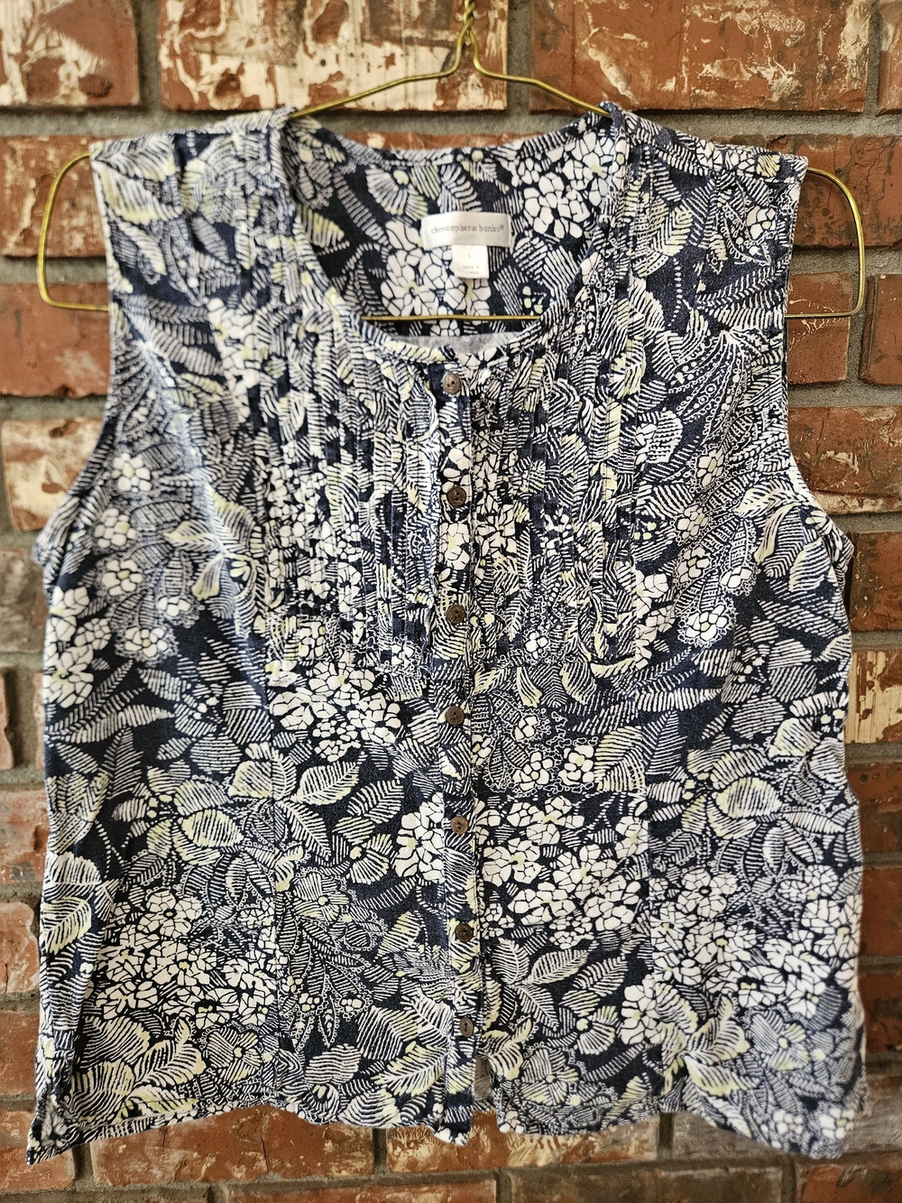 Christopher & Banks Navy and White Floral Sleeveless Button Tank
